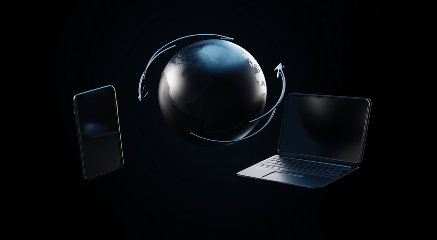 Laptop, Smartphone und Globus